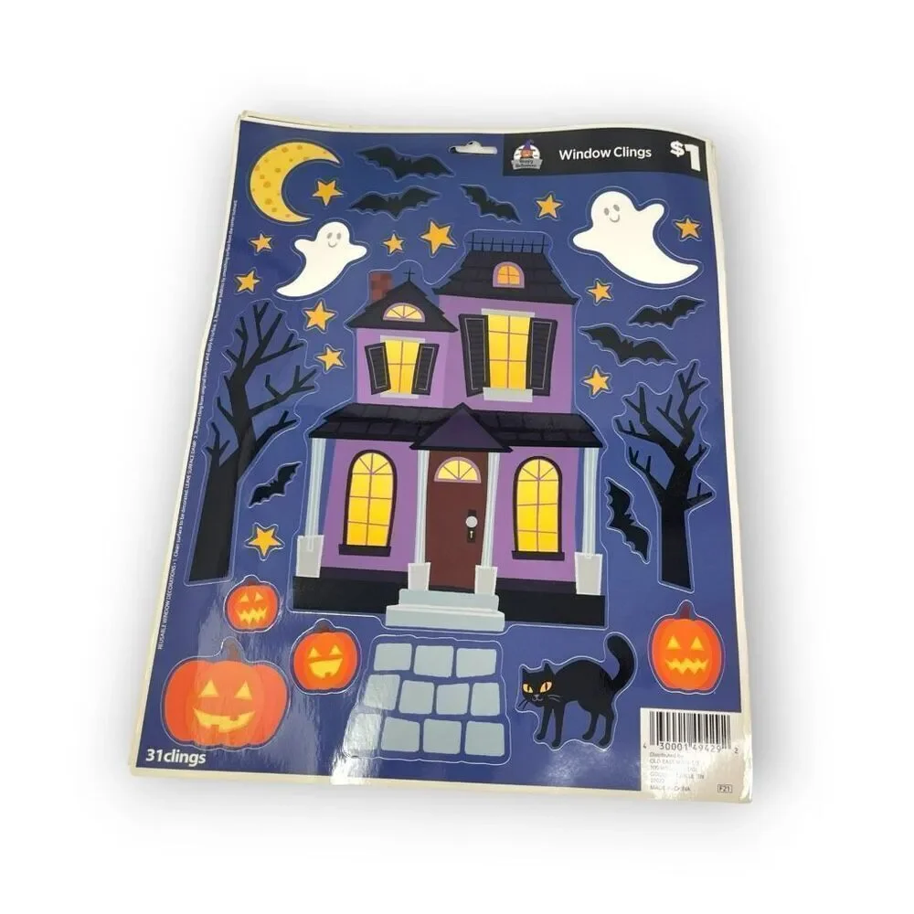 Vintage Halloween Print Window Clings Trick or Treat Ghost Pumpkin Gnomes Skelly